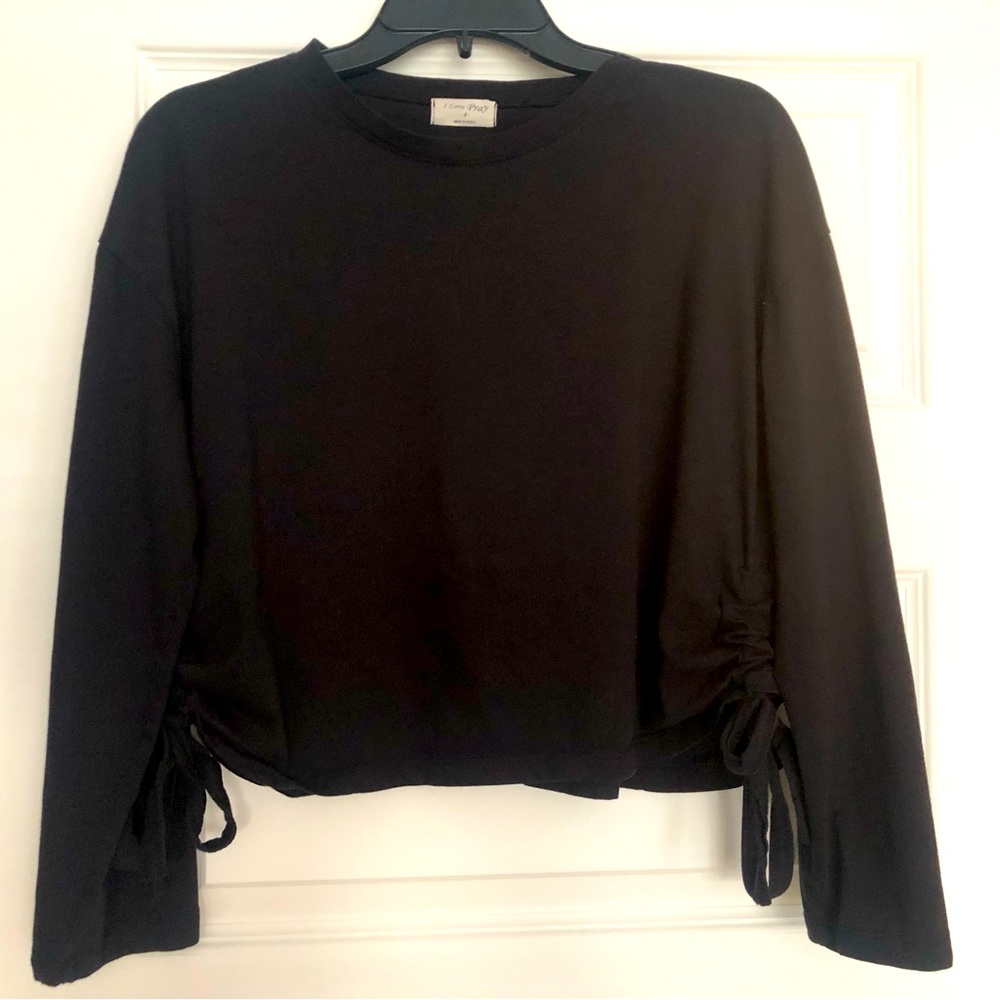 Black cropped long sleeve t-shirt with lace-up side detailing, size M